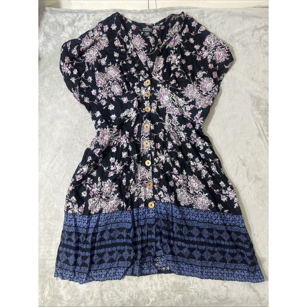 Angie 2X Boho Floral Button Front Dress Rayon Short Sleeve Midi